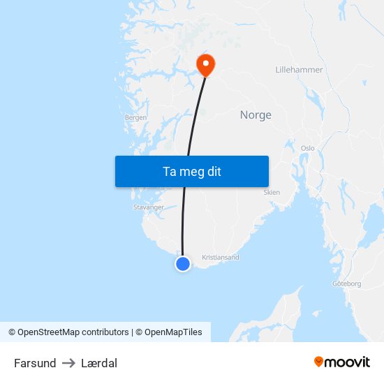 Farsund to Lærdal map