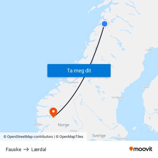 Fauske to Lærdal map