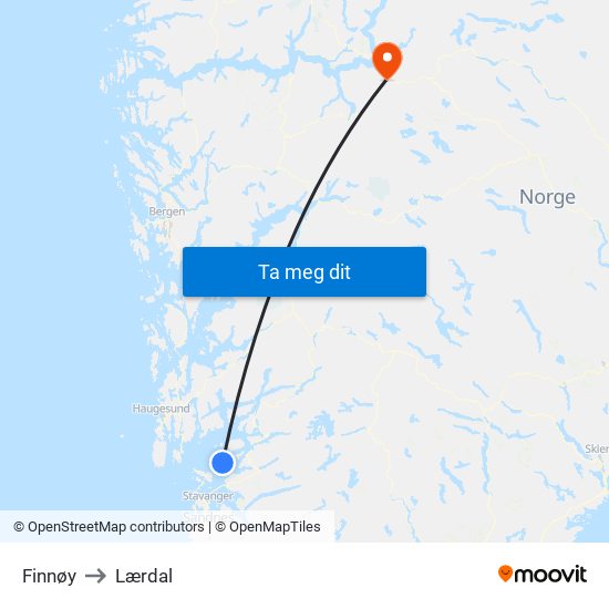 Finnøy to Lærdal map