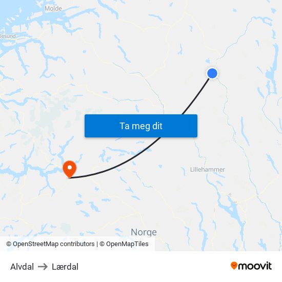 Alvdal to Lærdal map