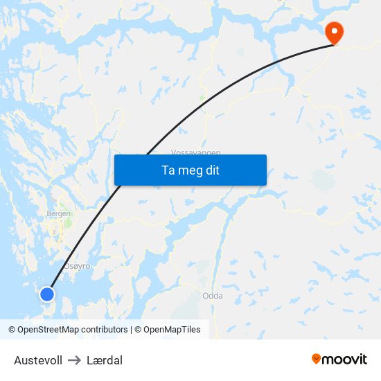 Austevoll to Lærdal map