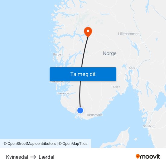 Kvinesdal to Lærdal map