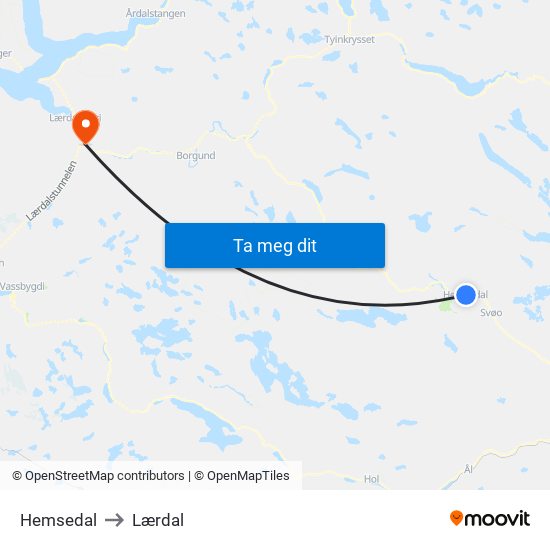 Hemsedal to Lærdal map