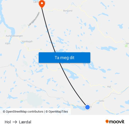 Hol to Lærdal map