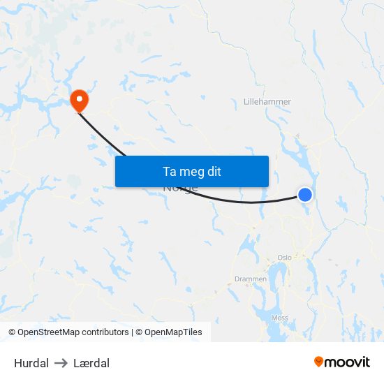 Hurdal to Lærdal map