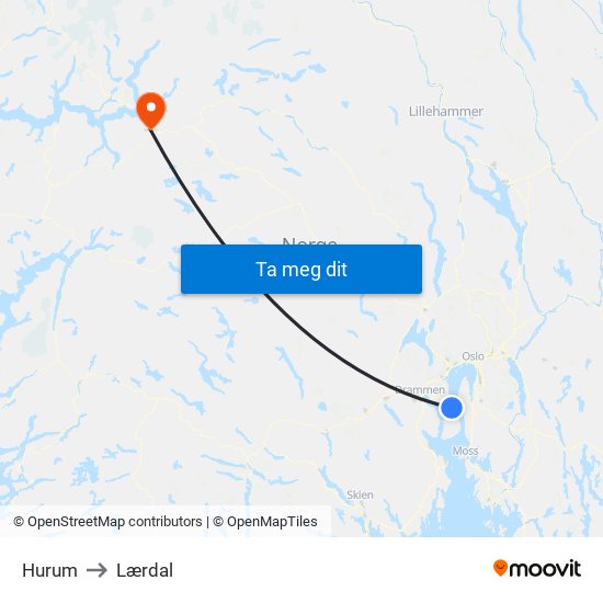 Hurum to Lærdal map