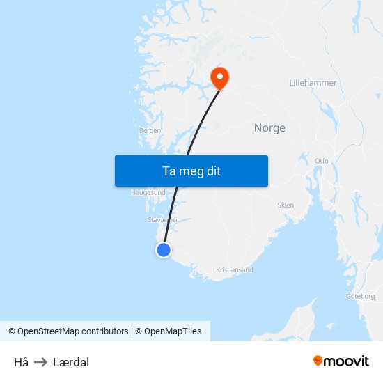 Hå to Lærdal map