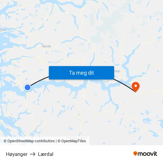 Høyanger to Lærdal map