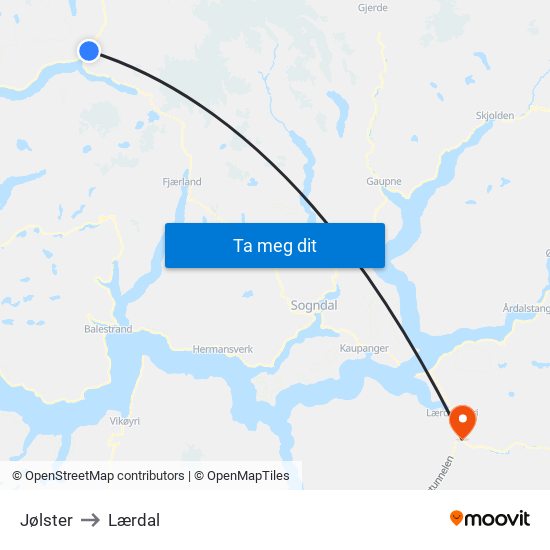 Jølster to Lærdal map