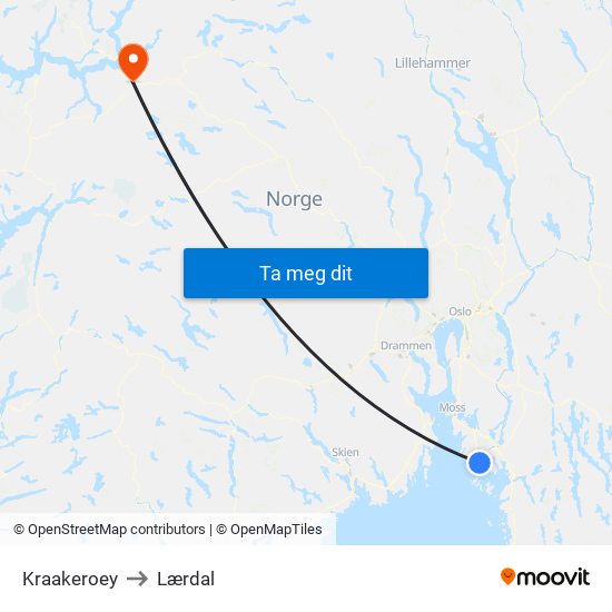 Kraakeroey to Lærdal map