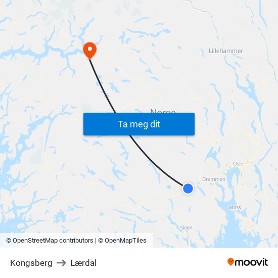 Kongsberg to Lærdal map