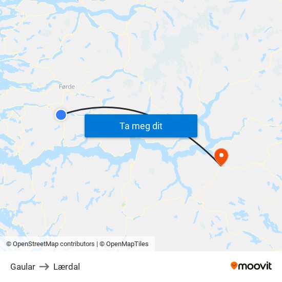 Gaular to Lærdal map