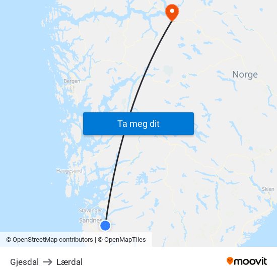 Gjesdal to Lærdal map