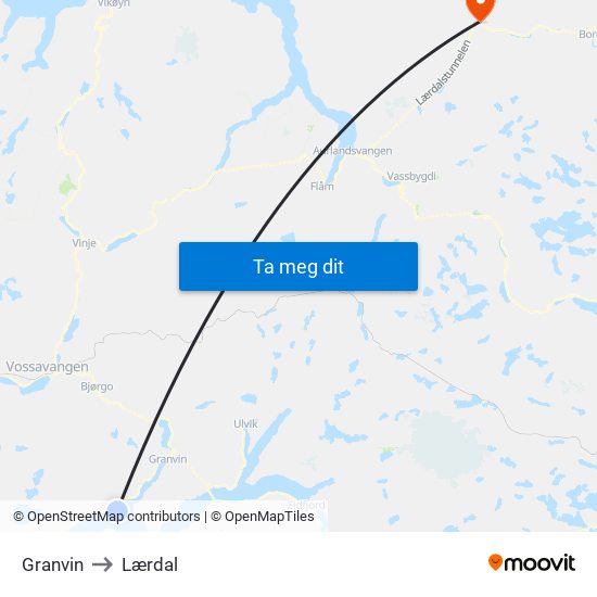 Granvin to Lærdal map