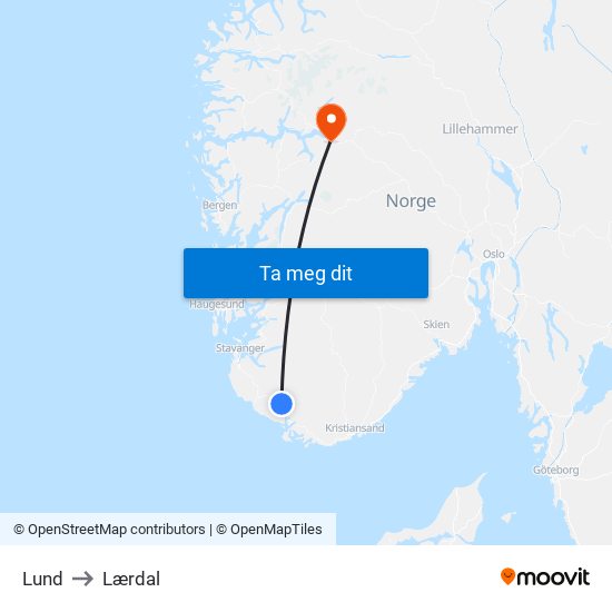 Lund to Lærdal map