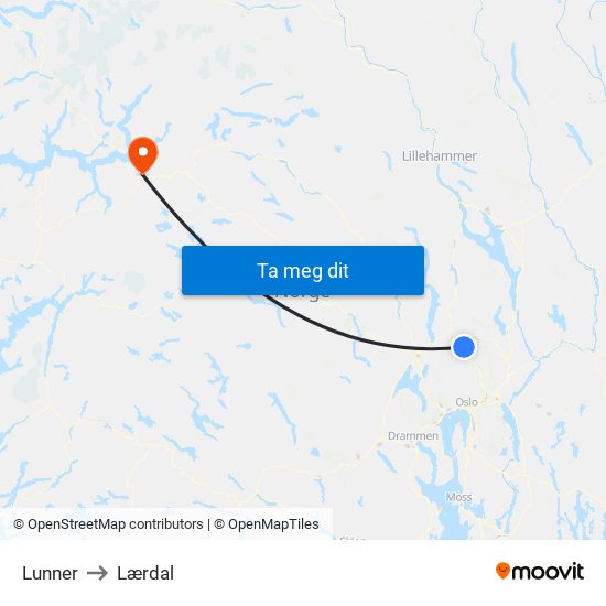 Lunner to Lærdal map
