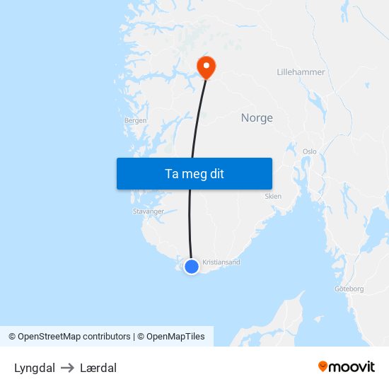 Lyngdal to Lærdal map