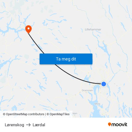 Lørenskog to Lærdal map