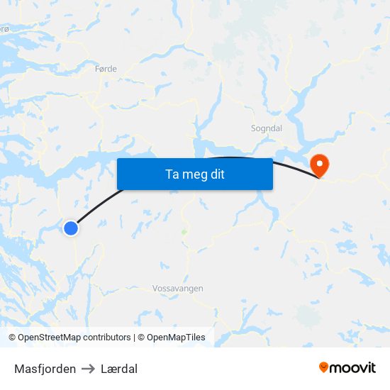 Masfjorden to Lærdal map