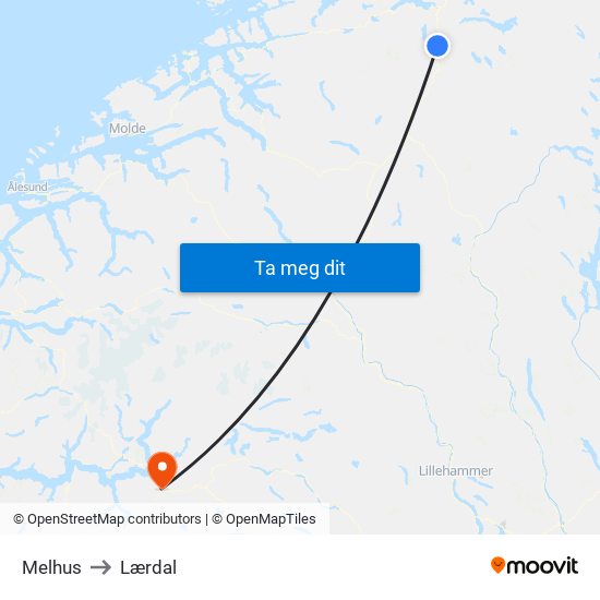 Melhus to Lærdal map
