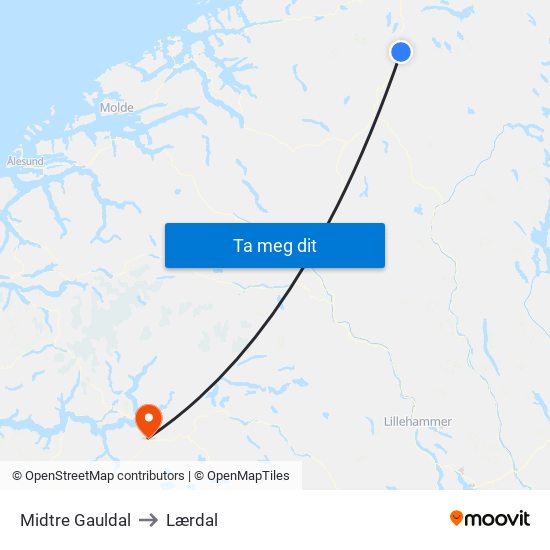 Midtre Gauldal to Lærdal map