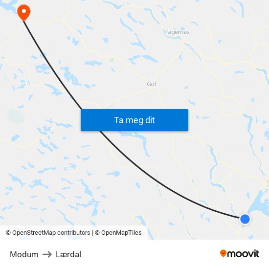 Modum to Lærdal map