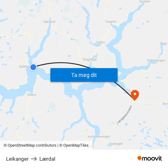 Leikanger to Lærdal map