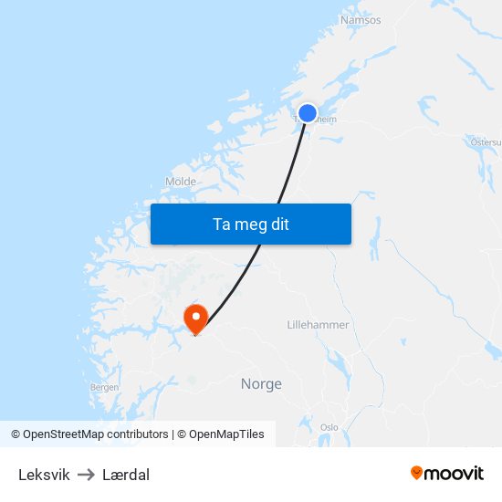 Leksvik to Lærdal map