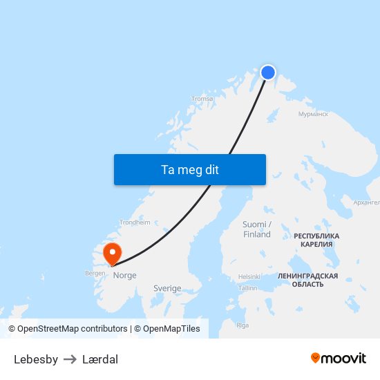 Lebesby to Lærdal map