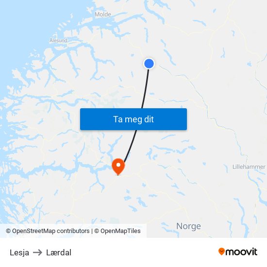 Lesja to Lærdal map