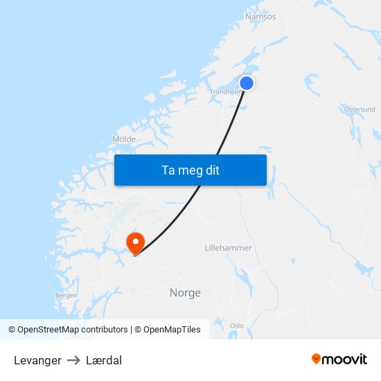 Levanger to Lærdal map