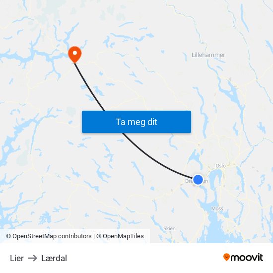 Lier to Lærdal map