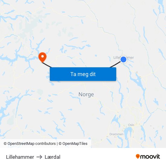 Lillehammer to Lærdal map