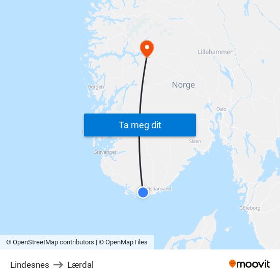 Lindesnes to Lærdal map