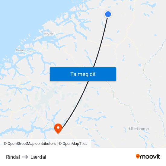 Rindal to Lærdal map