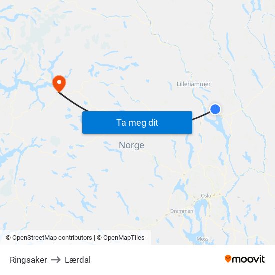 Ringsaker to Lærdal map