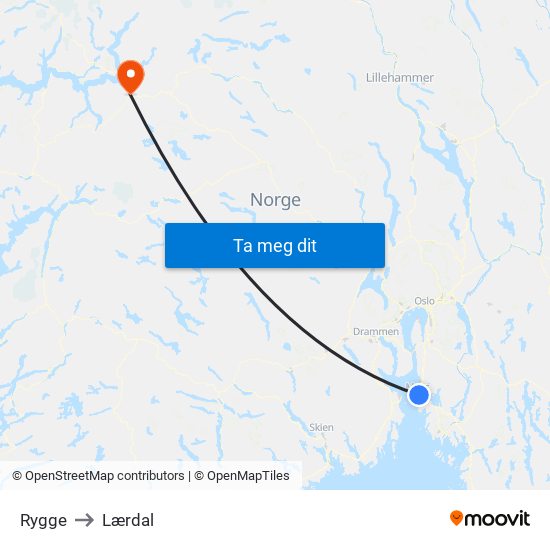 Rygge to Lærdal map