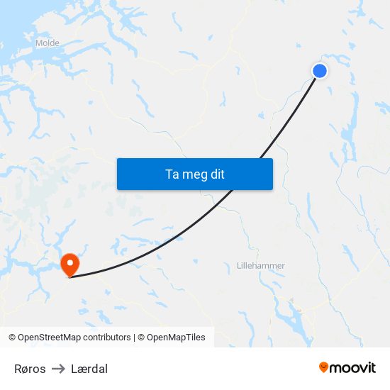 Røros to Lærdal map