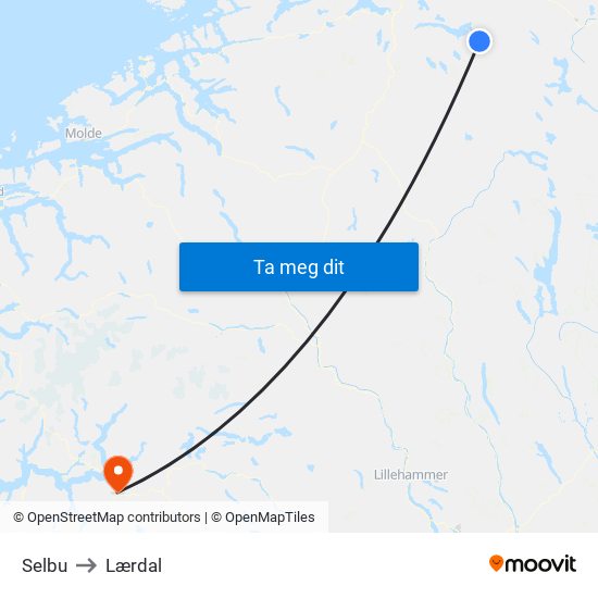 Selbu to Lærdal map