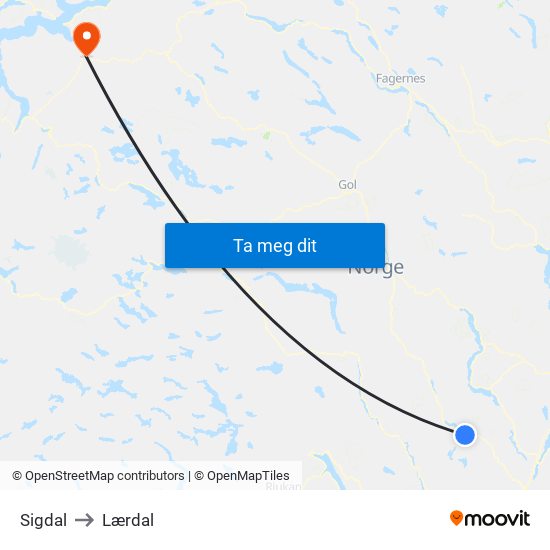 Sigdal to Lærdal map