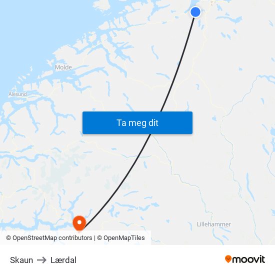 Skaun to Lærdal map