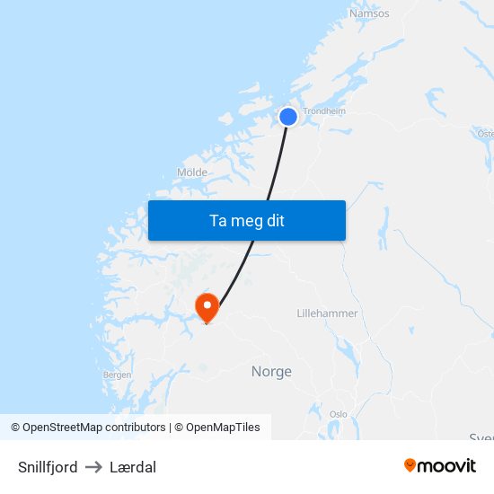 Snillfjord to Lærdal map