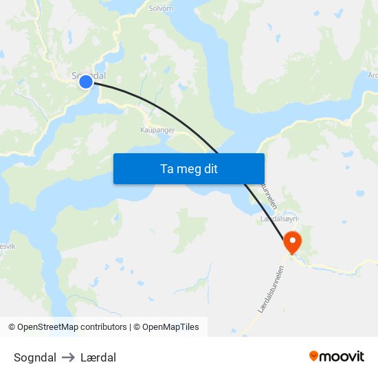 Sogndal to Lærdal map