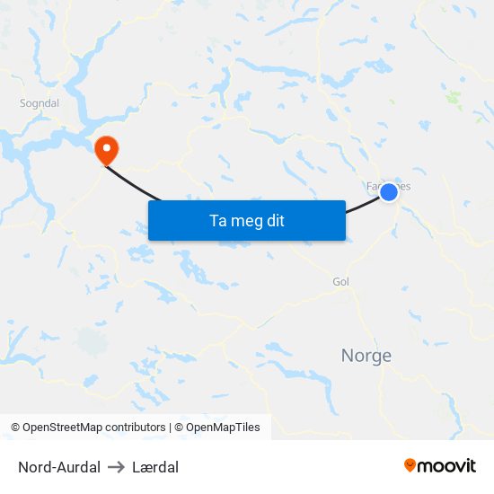 Nord-Aurdal to Lærdal map