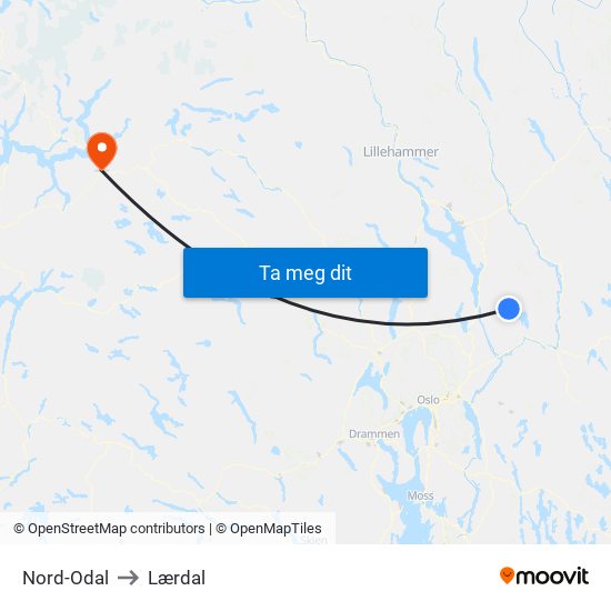 Nord-Odal to Lærdal map