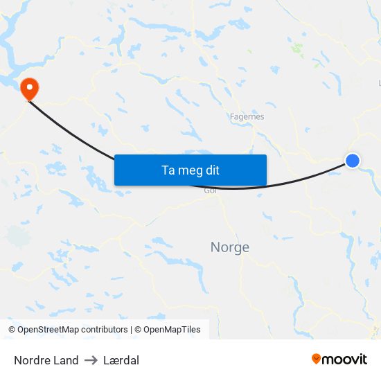Nordre Land to Lærdal map