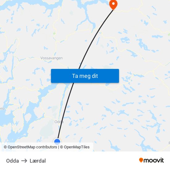 Odda to Lærdal map