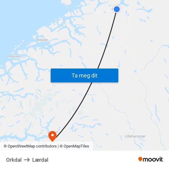 Orkdal to Lærdal map
