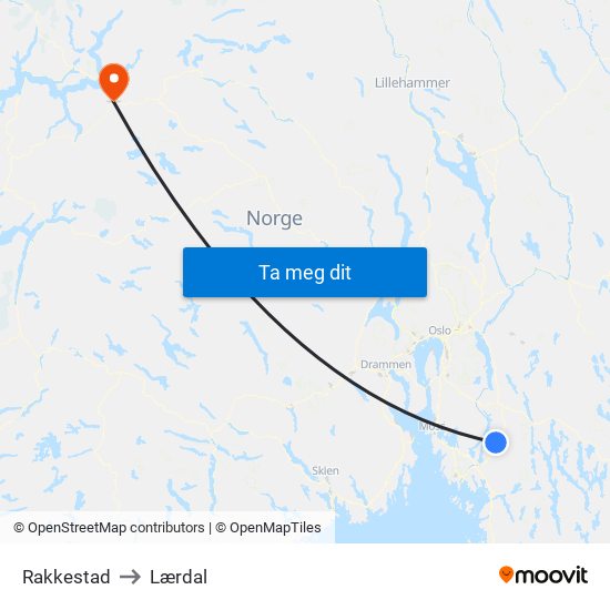 Rakkestad to Lærdal map