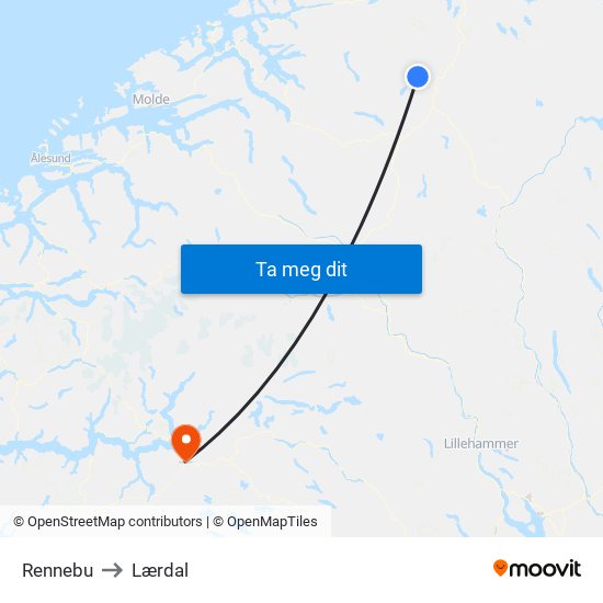 Rennebu to Lærdal map